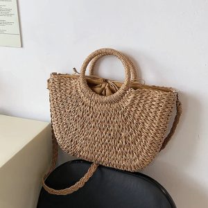 Sac Panier Paille Tressé Anses Rondes Cordon