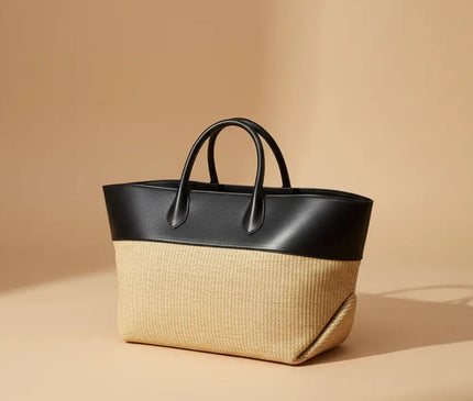 Sac Panier Cabas Paille Cuir Contraste