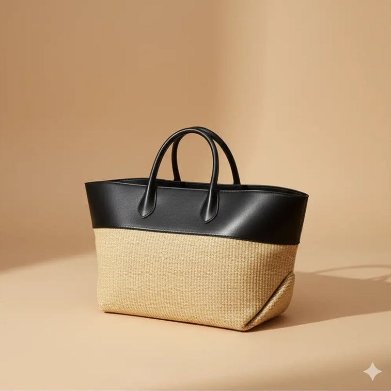 Sac Panier Cabas Paille Cuir Contraste