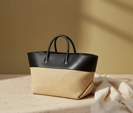 Sac Panier Cabas Paille Cuir Contraste