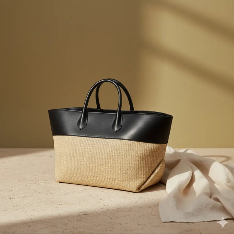 Sac Panier Cabas Paille Cuir Contraste