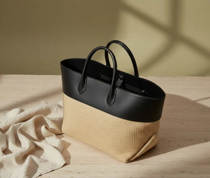 Sac Panier Cabas Paille Cuir Contraste