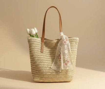 Sac Panier Cabas Tressé Estival Dentelle