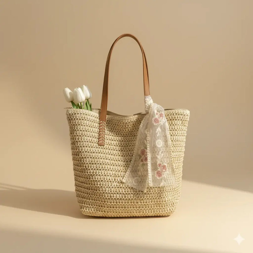 Sac Panier Cabas Tressé Estival Dentelle
