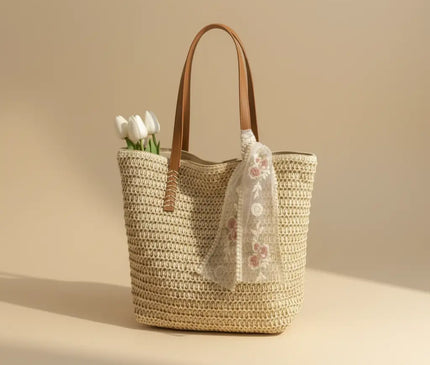 Sac Panier Cabas Tressé Estival Dentelle