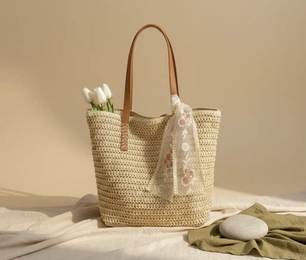 Sac Panier Cabas Tressé Estival Dentelle