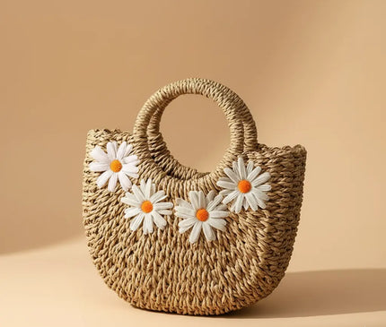 Sac Panier Demi-Lune Paille Marguerites