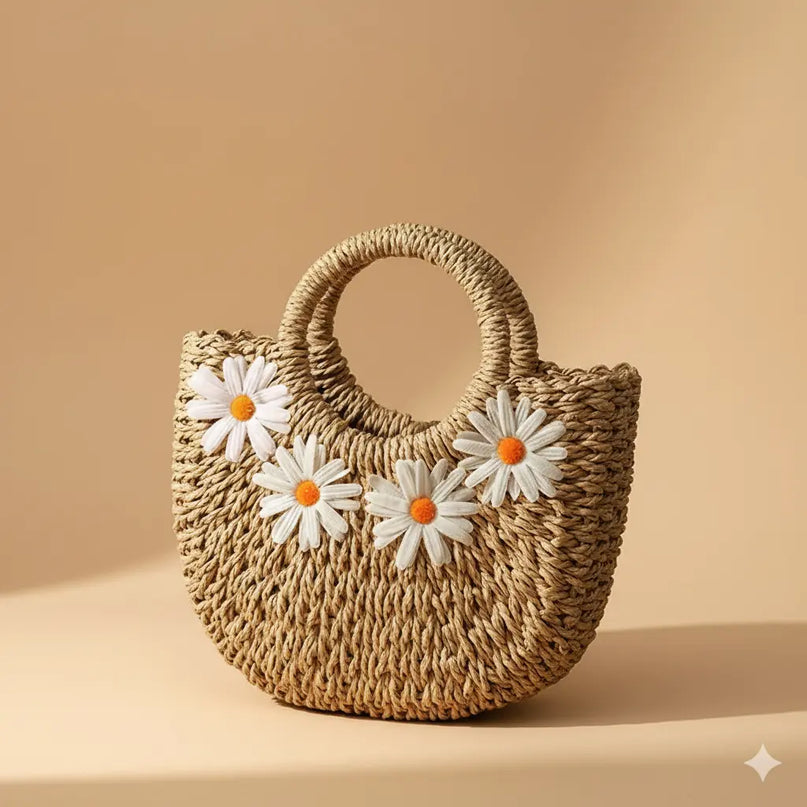 Sac Panier Demi-Lune Paille Marguerites