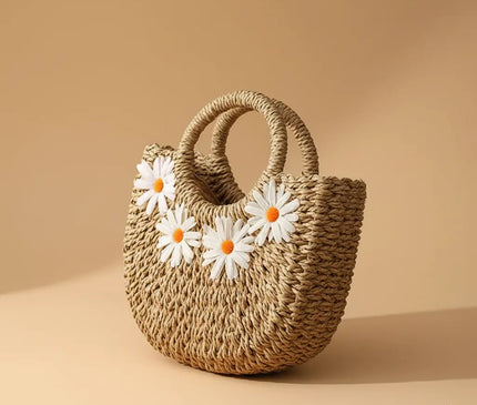 Sac Panier Demi-Lune Paille Marguerites