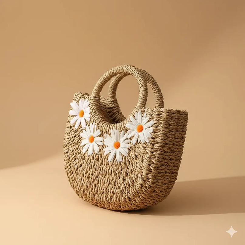 Sac Panier Demi-Lune Paille Marguerites