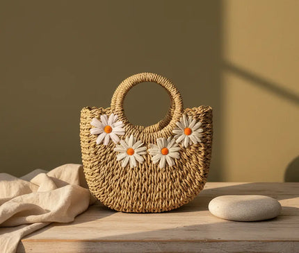 Sac Panier Demi-Lune Paille Marguerites