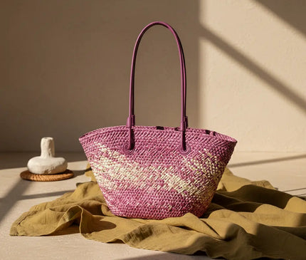 Sac Panier Paille Bicolore Tressé Doux