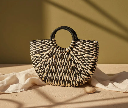 Sac Panier Tressé Noir Papier