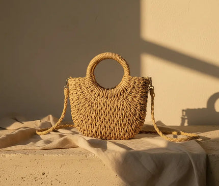 Sac Panier Tressé Bohème Poignée Ronde