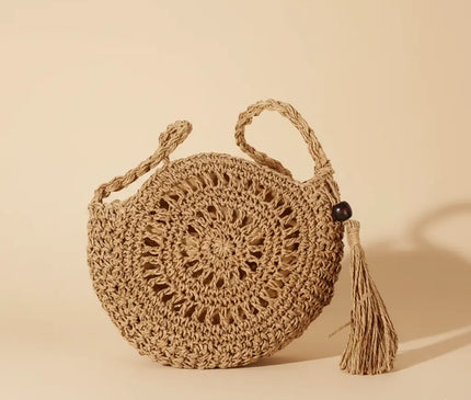 Sac Panier Rond Tressé Motif Floral et Pompon