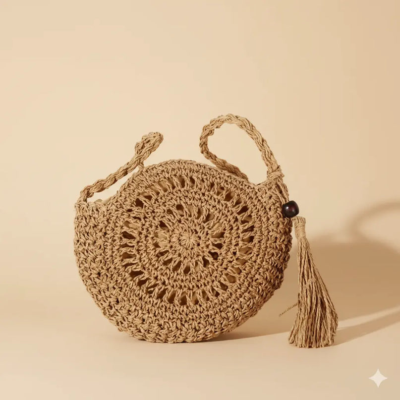 Sac Panier Rond Tressé Motif Floral et Pompon