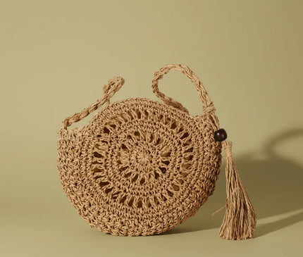 Sac Panier Rond Tressé Motif Floral et Pompon