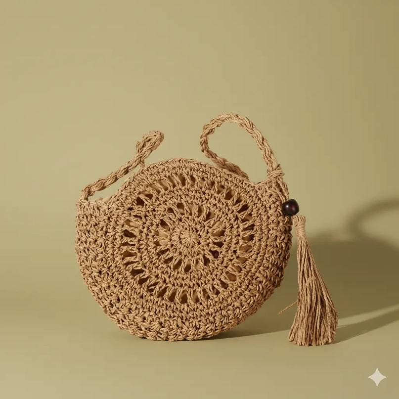 Sac Panier Rond Tressé Motif Floral et Pompon