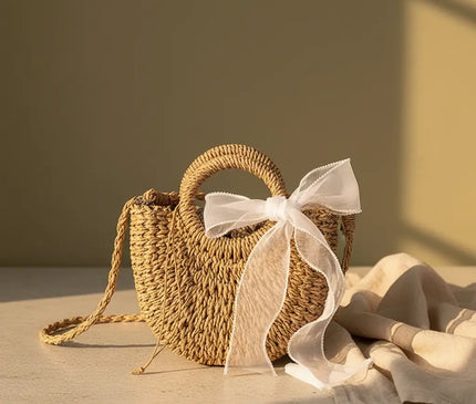 Sac Panier Rond Tressé Fleuri Bohème