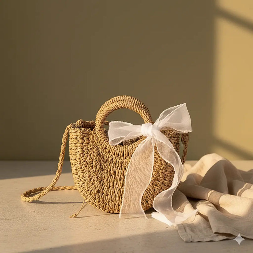 Sac Panier Rond Tressé Fleuri Bohème