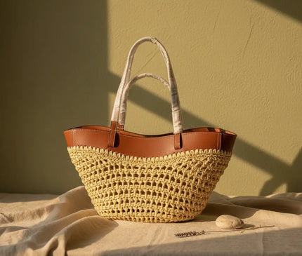 Sac Panier Paille Cuir Tressé