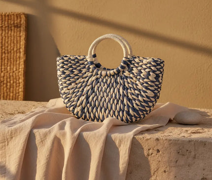 Sac Panier Tressé Multicolore Poignée Ronde