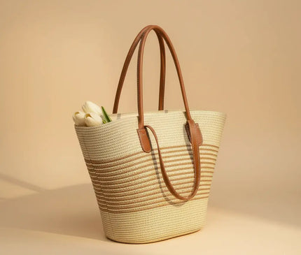 Sac Panier Tressé Cabas Bicolore Femme