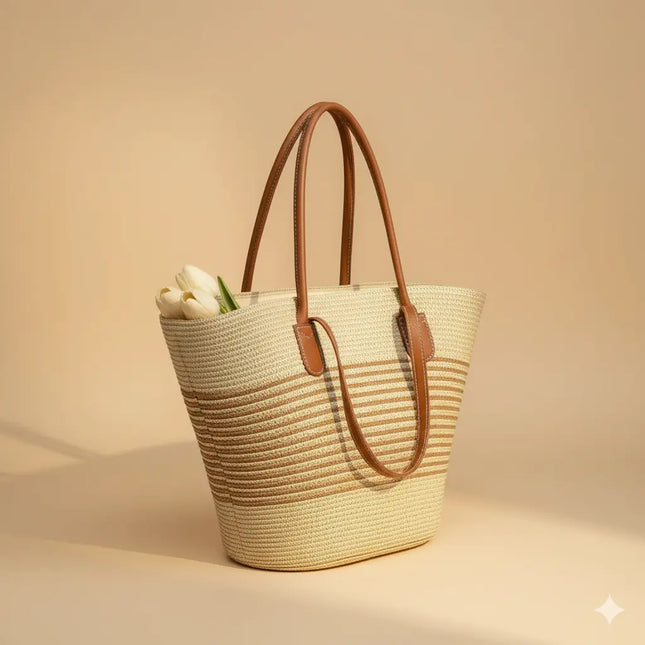 Sac Panier Tressé Cabas Bicolore Femme