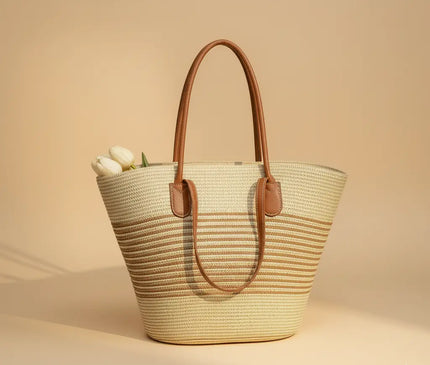 Sac Panier Tressé Cabas Bicolore Femme