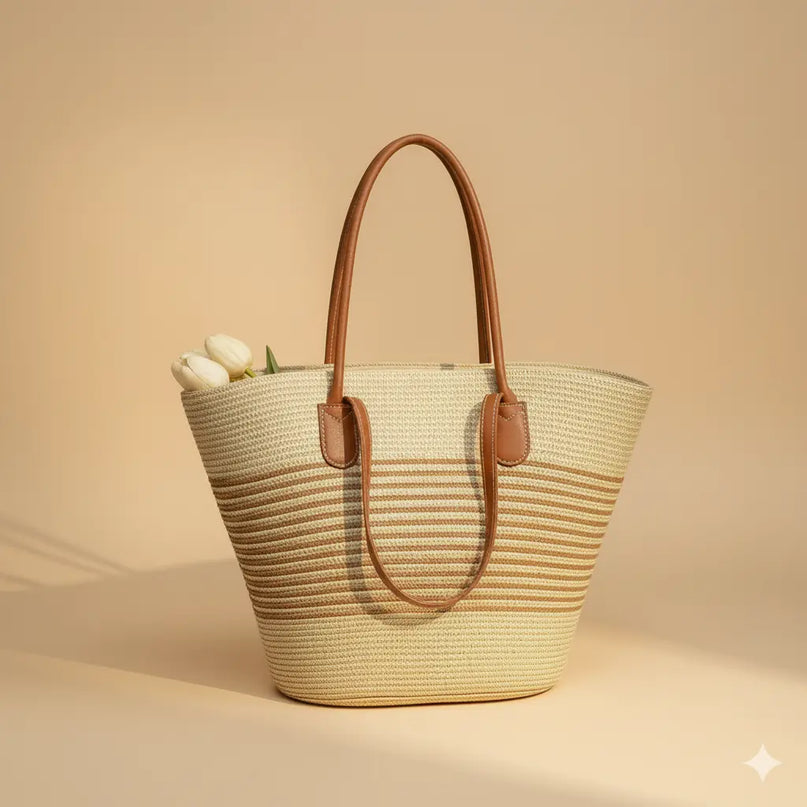 Sac Panier Tressé Cabas Bicolore Femme