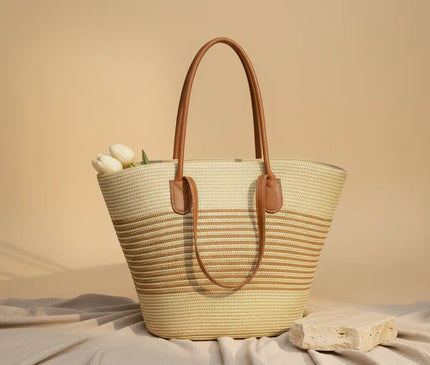 Sac Panier Tressé Cabas Bicolore Femme