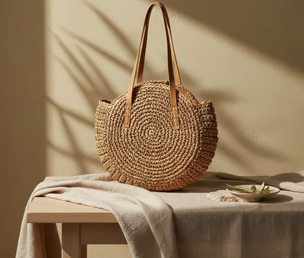 Sac Panier Paille Rond Bohème Zippé