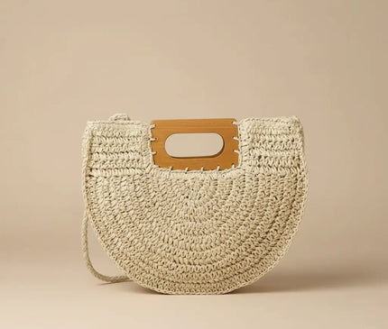 Sac Panier Paille Demi-Lune Anse Bois