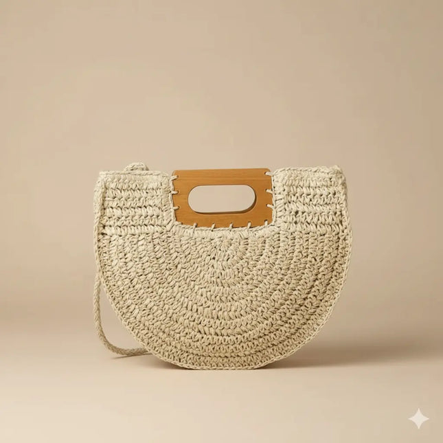 Sac Panier Paille Demi-Lune Anse Bois