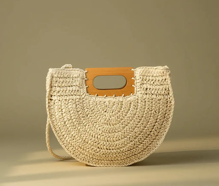 Sac Panier Paille Demi-Lune Anse Bois