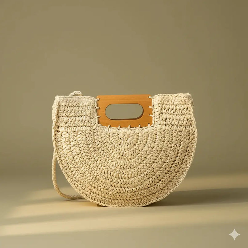 Sac Panier Paille Demi-Lune Anse Bois