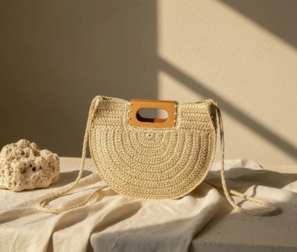 Sac Panier Paille Demi-Lune Anse Bois