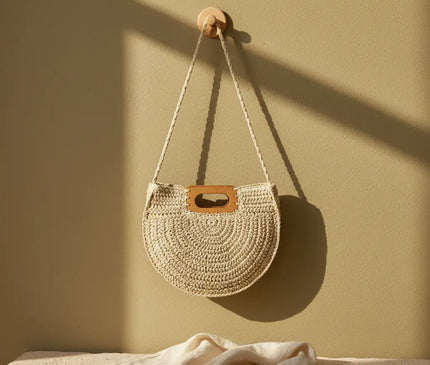 Sac Panier Paille Demi-Lune Anse Bois