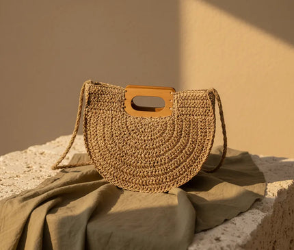 Sac Panier Paille Bohème Anse Bois