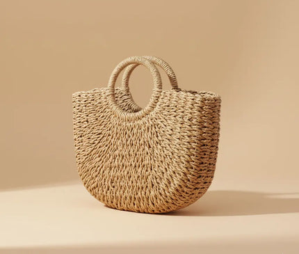 Sac Panier Paille Tressé Semi-Lune Rigide
