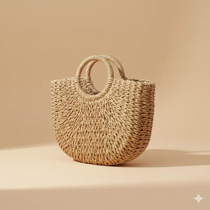 Sac Panier Paille Tressé Semi-Lune Rigide