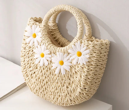 Sac Panier Paille Tressé Marguerites Bohème