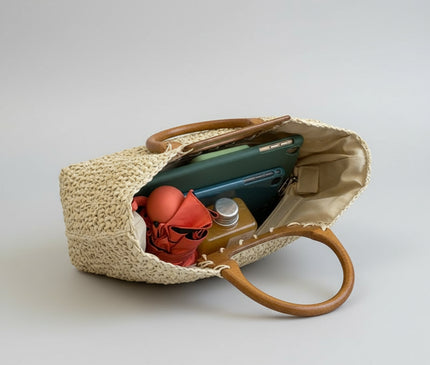 Sac Panier Paille Demi-Lune Anse Bois