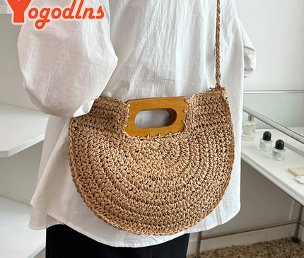 Sac Panier Paille Bohème Anse Bois