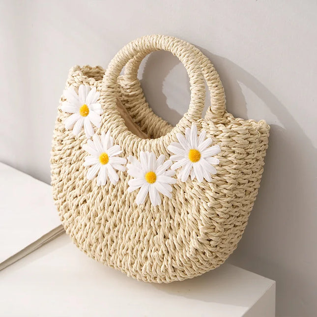 Sac Panier Paille Tressé Marguerites Bohème