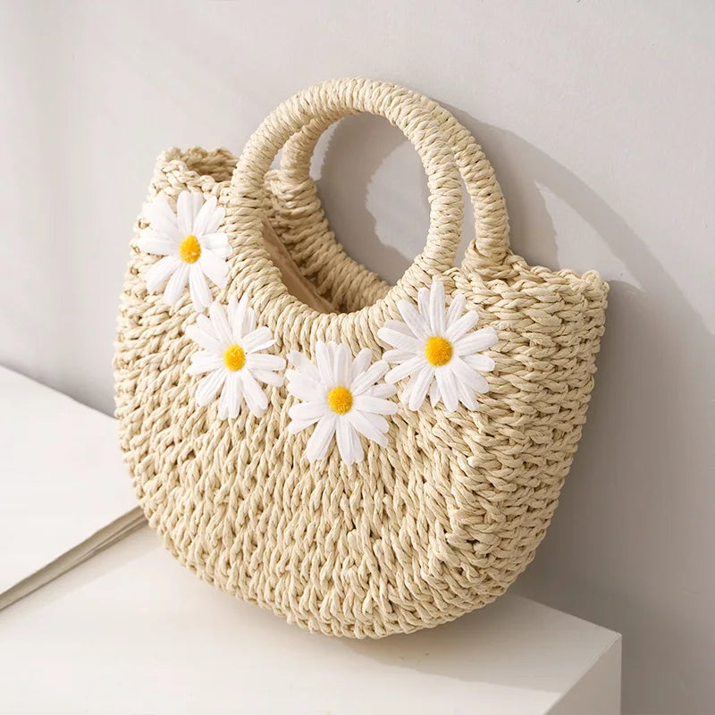 Sac Panier Paille Tressé Marguerites Bohème