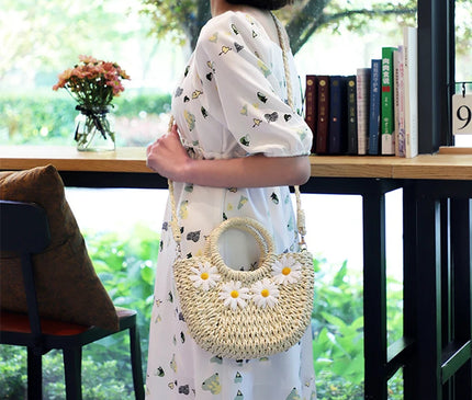 Sac Panier Paille Tressé Marguerites Bohème