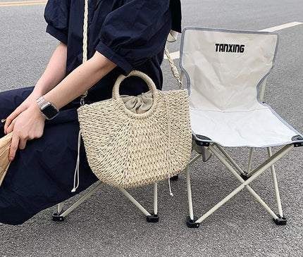 Sac Panier Paille Tressé Anses Rondes Cordon