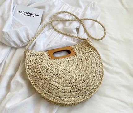 Sac Panier Paille Demi-Lune Anse Bois