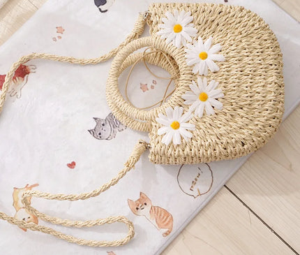 Sac Panier Paille Tressé Marguerites Bohème